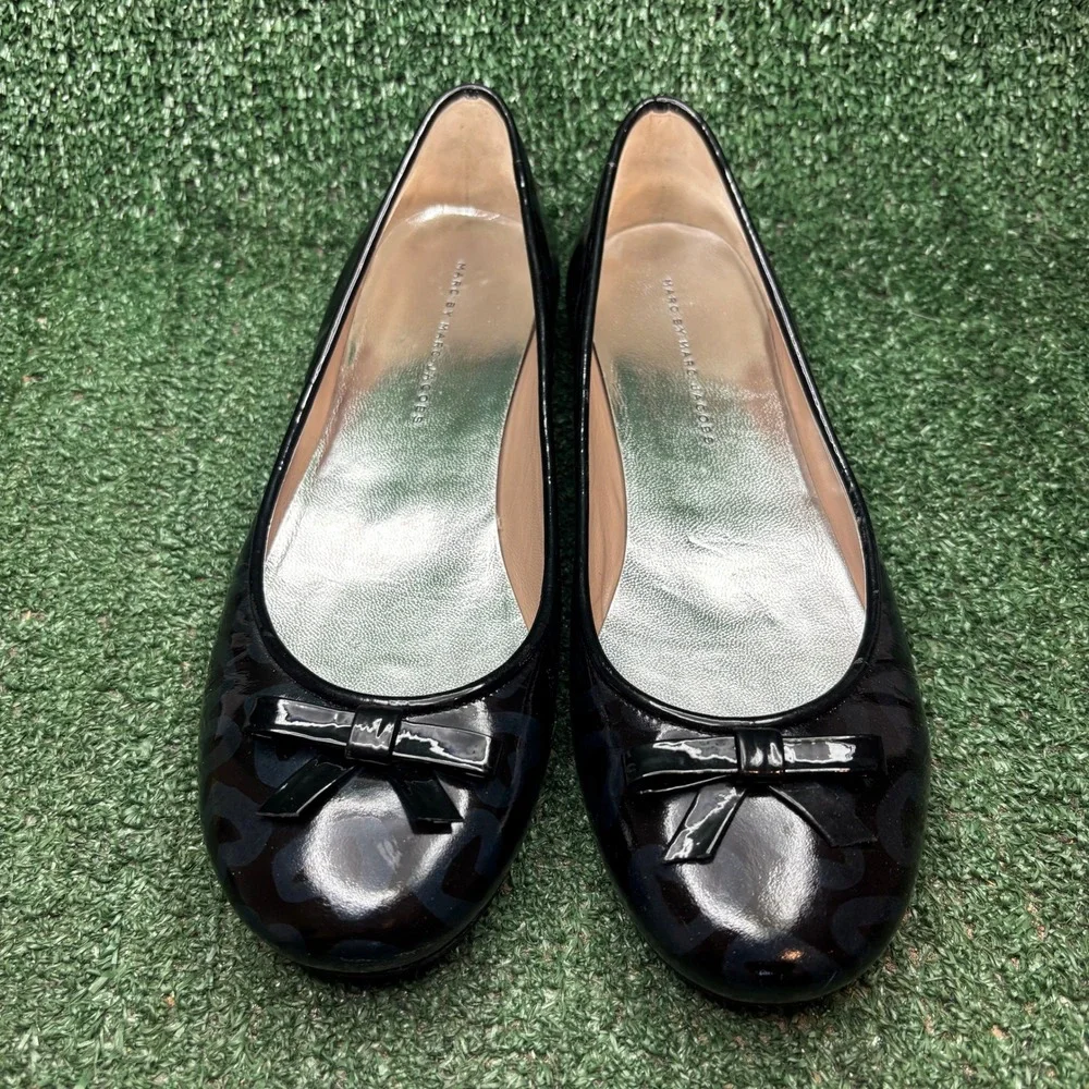 Marc By Marc Jacobs Heart Patent Leather Bow Ballet Flats Black Womens 10.5-11
